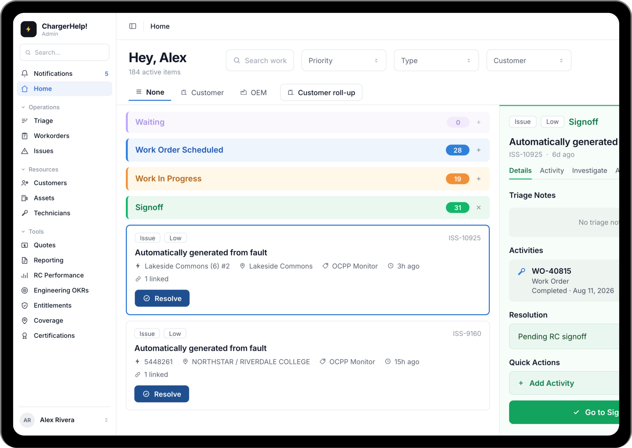 EMPWR platform — downtime breakdown dashboard on iPad