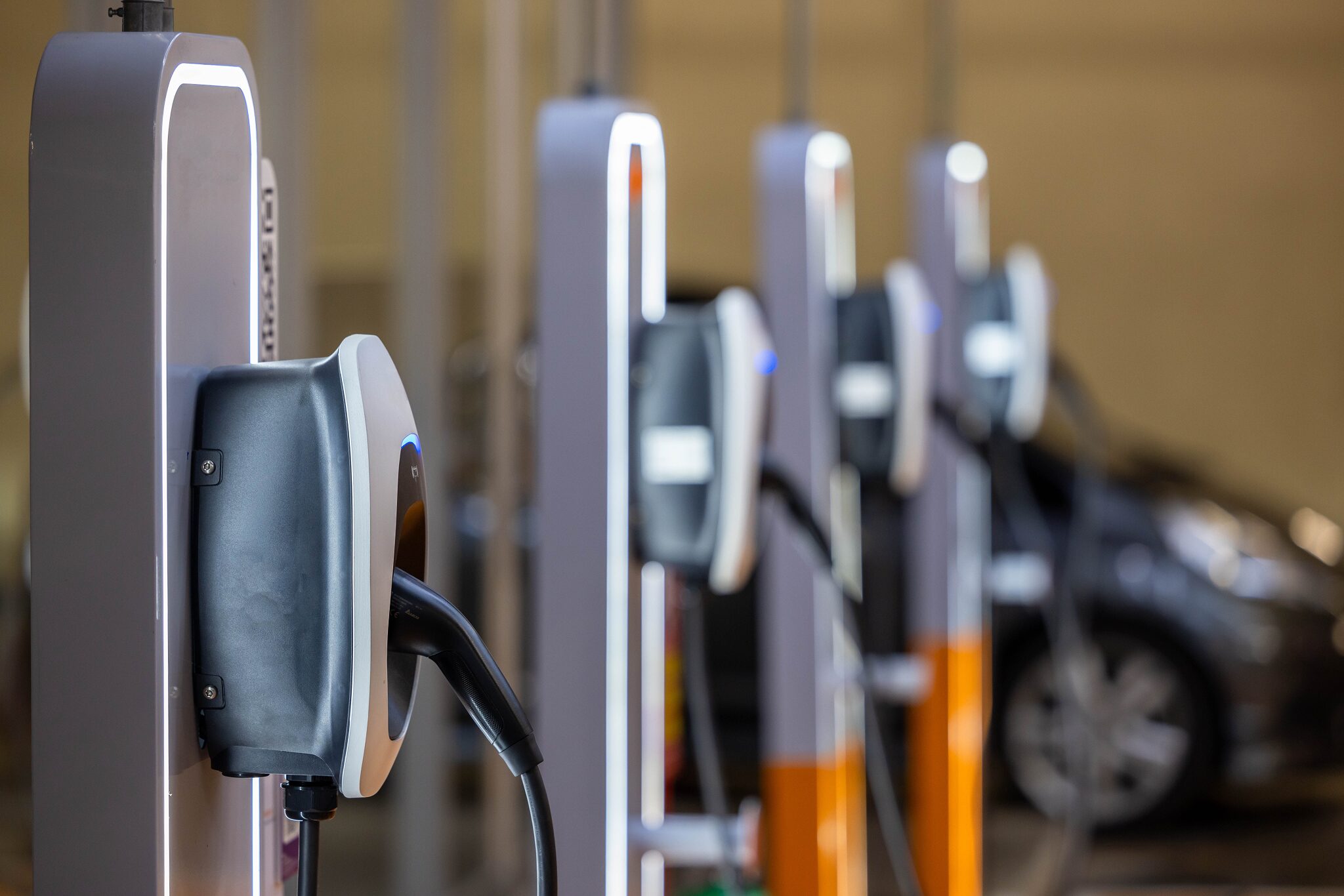 Row of EV charging stations